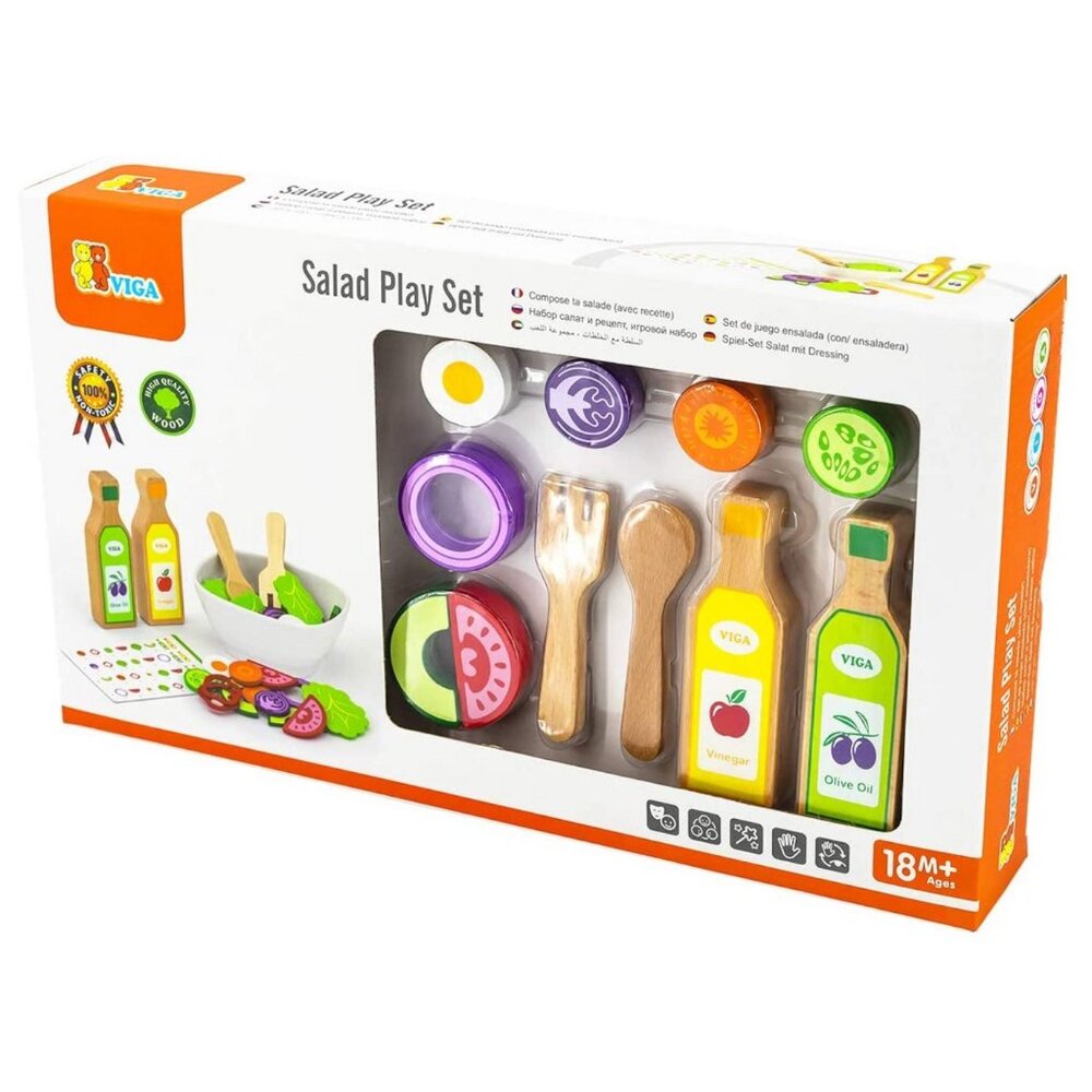 New in Box VIGA - Wood and Felt Play Food Salad Set with Recipe 36 pcs